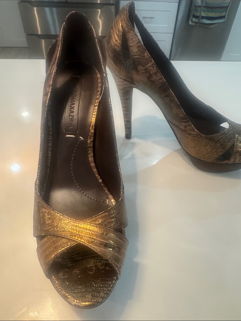 BCBGMaxAzria Metallic Gold Peep-Toe Stiletto Pumps